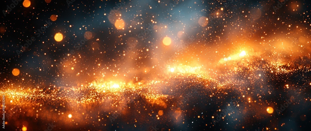 Wall mural golden cosmic dust and sparkles floating through a dark blue and black space background generative a