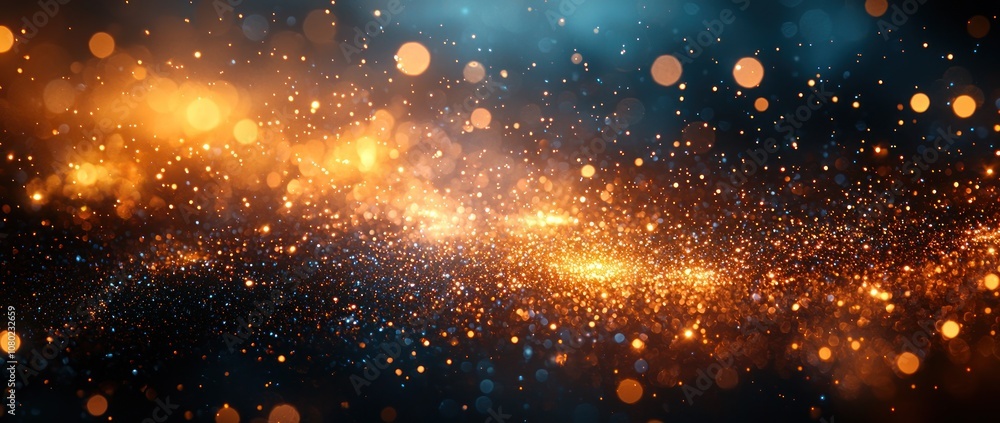 Wall mural golden cosmic dust and sparkles floating through a dark blue and black space background generative a