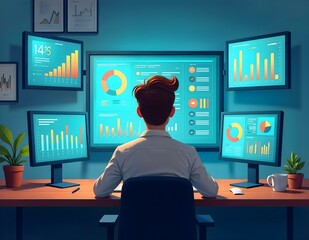A person analyzing data on multiple screens displaying various colorful charts and graphs, in a modern office setting with plants and a coffee mug, creating a focused, high-tech atmosphere.