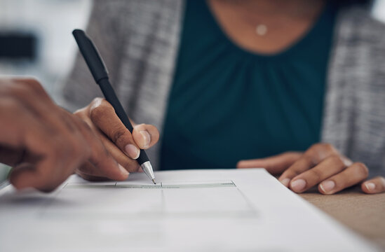 Hands, person and signature with package for courier service, online shopping and distribution agreement. Customer, box parcel and paperwork for ecommerce delivery, payment contract and approval form