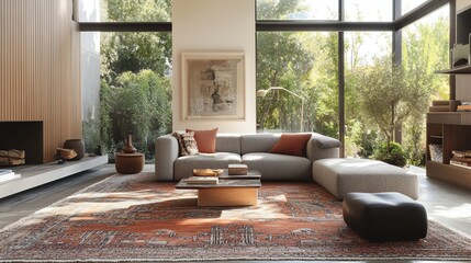 A modern living room with a grey sectional sofa and a patterned rug.