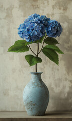 Ultra-realistic image featuring a dark blue flower in a vintage vase on old wood with beige textures and a grunge wall, perfect for a classic, rustic aesthetic