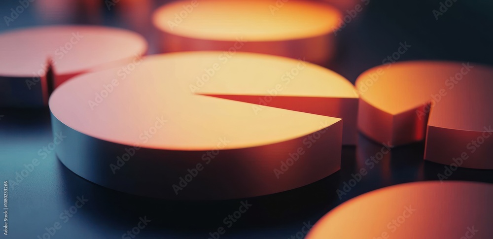 Poster Abstract 3D pie charts in warm hues, symbolizing data visualization and analysis.