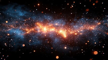 Fototapeta premium Abstract cosmic scene with glowing orange and blue nebulae, stars, and sparkling particles in deep space Generative AI
