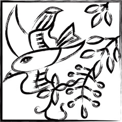 筆書き正方形シンプル花札　卯月　藤　不如帰　4月　藤に不如帰