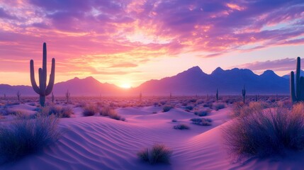A stunning desert landscape at sunset, featuring beautiful mountains, colorful skies, and iconic cacti silhouetted against the vibrant horizon