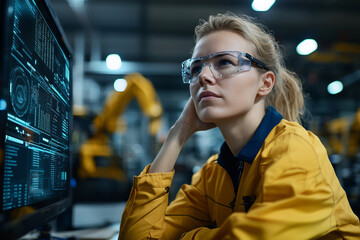 A dynamic half length portrait of logistics manager in modern industrial setting, showcasing her focus and determination while analyzing data on computer screen