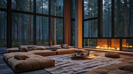 A modern living room with glass windows, a fireplace overlooking the forest view at sunset 