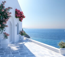 Fototapeta premium A beautiful terrace with white walls and a blue sea view Mediterranean landscape with a blue and green color scheme and a blue water surface