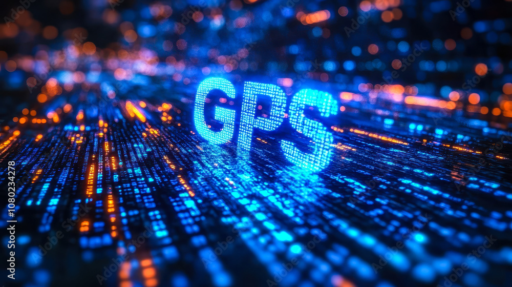 Poster digital matrix binary code forming gps acronym, symbolizing global positioning system technology
