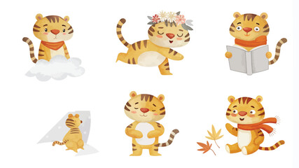 Obraz premium Set of cute tigers in different poses. Vector illustration isolated on white background.