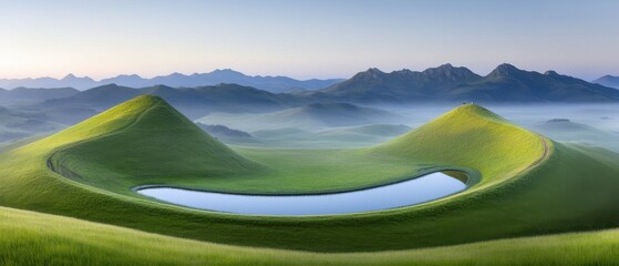 Obraz premium A serene landscape featuring green hills surrounding a tranquil pond, set against a backdrop of misty mountains under a clear sky.