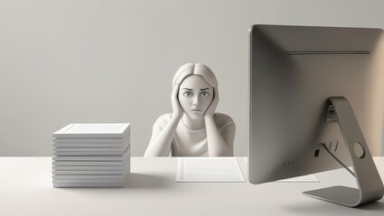 A monochromatic scene showing a woman staring at a computer monitor, symbolizing stress or contemplation amid a stack of papers.