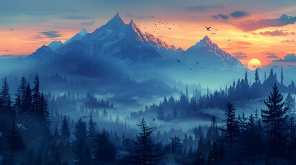 Obraz premium Serene cartoon mountain range with soaring. AI generated