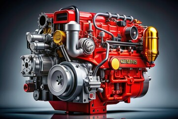 Night Photography of a Diesel Engine on a Gray Background with Dramatic Lighting, Industrial Aesthetics, and Detailed Mechanical Features for Automotive and Engineering Enthusiasts