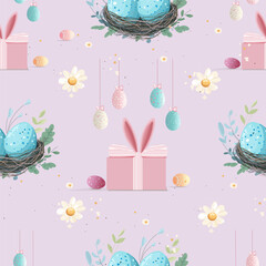 Easter Gift Boxes and Bunny Decorations Pattern. Seamless Easter Pattern with Flowers and Gift Boxes