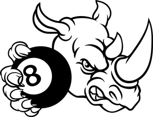 Rhino Angry Pool 8 Ball Billiards Mascot Cartoon