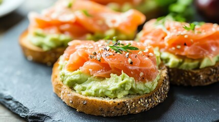 Three pieces of toast with avocado and smoked salmon.