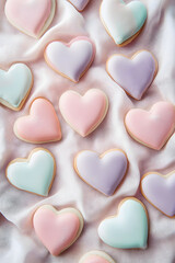 Obraz premium Charming Array of Heart-Shaped Pastel Cookies on a Soft Tablecloth