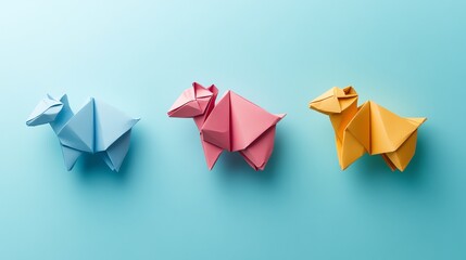 Three origami animals in different colors on a blue background.