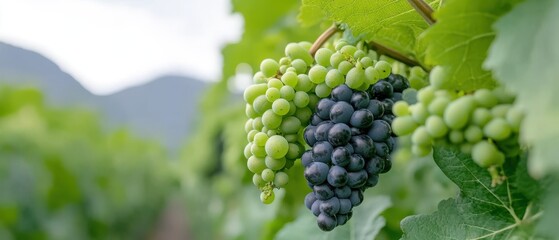 The image features a close-up of grape clusters, showing a mix of green and dark purple grapes surrounded by lush green leaves in a vineyard setting.