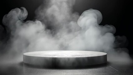 A circular platform stands illuminated in a dark room filled with wisps of smoke