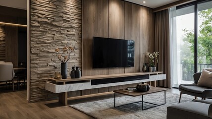 Modern living room showcasing elegant wooden decor, minimalist design, and natural light through floor-to-ceiling windows