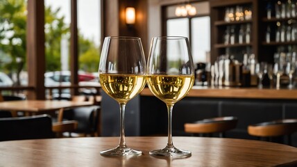 Two elegant glasses of white wine on a wooden table inside a stylish bar during the evening, with a warm and inviting ambiance