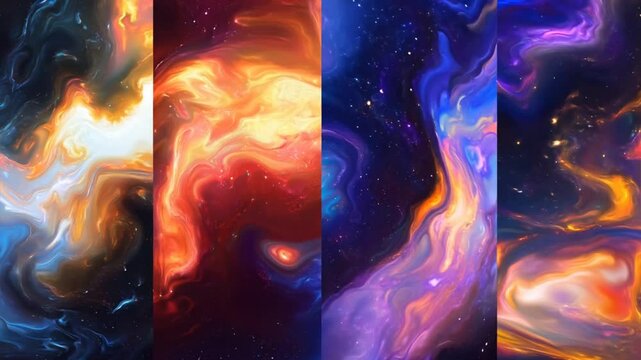 Abstract four elements wallpaper that combines fire, water, air, and earth in a vibrant, cosmic gradient