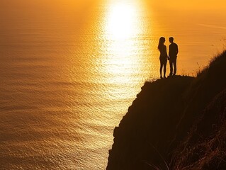 Silhouettes of a couple holding hands on a cliff, watching the sunset over the ocean.
