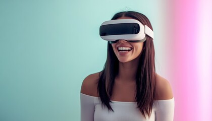 Fototapeta premium Joyful millennial woman with virtual reality headset, futuristic technology entertainment