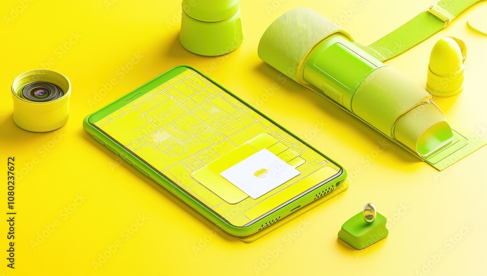 Aufkleber a vibrant yellow setup featuring a smartphone and accessories, emphasizing technology and design.
