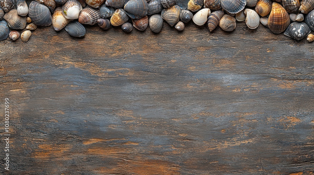 Poster a textured surface with a border of various colorful seashells and pebbles.
