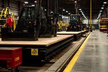 a large, modern woodworking factory, with rows of machinery and skilled workers operating the equipment