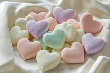 Obraz premium Charming Array of Heart-Shaped Pastel Cookies on a Soft Tablecloth