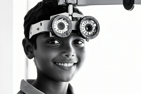 a child undergoing an eye examination with a phoropter in an ophthalmology clinic