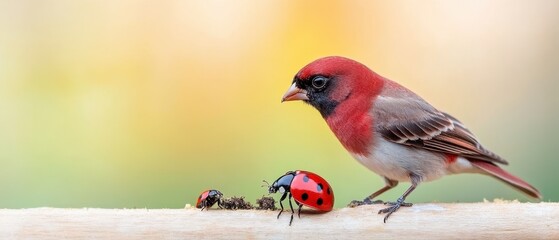A vibrant bird encounters a ladybug and ants on a branch, showcasing a moment of nature's delicate interactions.