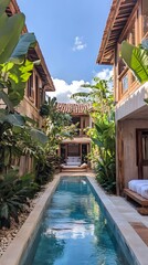 Fototapeta premium A photograph of a small, narrow pool in the center of an outdoor courtyard with lush green plants and banana trees, leading to two separate bedroom suite buildings on either side.