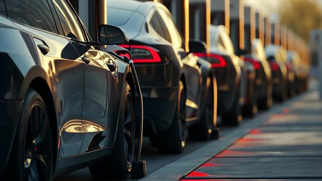 A line of sleek, black cars are parked in a row on a paved surface, likely at a charging station