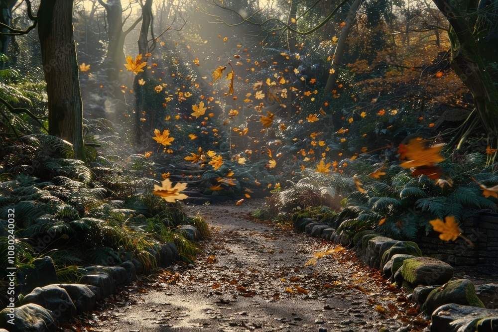 Poster a path in a forest with leaves falling from the trees