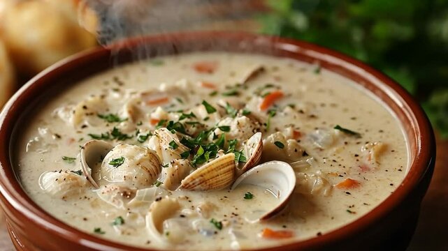 A bowl of steaming clam chowder with fresh parsley