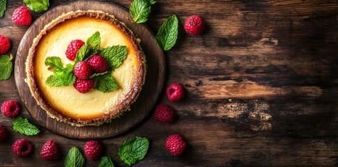 A delicious cheesecake topped with fresh raspberries and mint leaves on a wooden table.