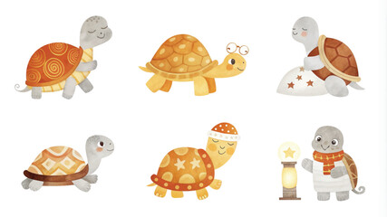 Fototapeta premium Set of cute cartoon turtles. Vector illustration isolated on white background.