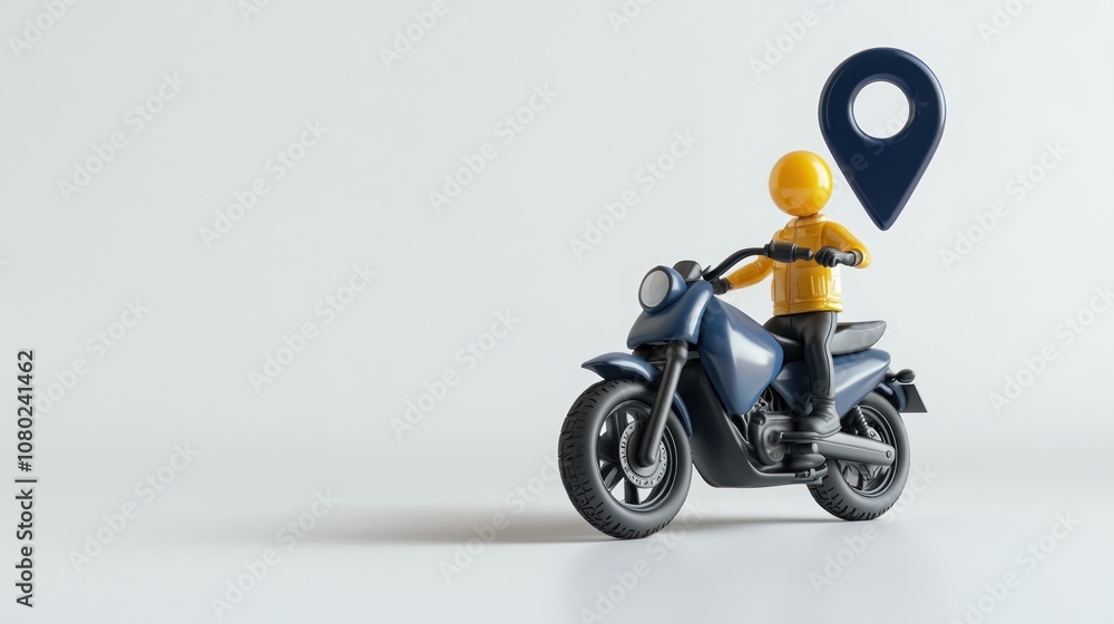 Poster a figurine on a motorcycle with a location pin, symbolizing navigation or delivery services.