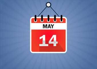 May 14, Calendar hanging sign. 14th days of the month, modern illustration. Date day of week Sunday, Monday, Tuesday, Wednesday, Thursday, Friday, Saturday. Flat style
