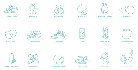 Naklejka premium Vanilla Custard, Mango Ice, Mint Menthol, Watermelon, Pineapple Coconut, Bubble Gum, Cotton Candy, Cinnamon Roll, Lemon Tart, Cola, Peach Ice Tea, Caramel Macchiato, Orange Creamsicle vector icons