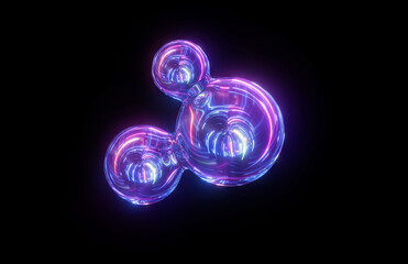 3d render, neon glass molecular clip art isolated on black background. Iridescent holographic molecule glowing in ultraviolet light