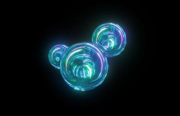 3d render. Glowing iridescent liquid glass molecule, flexible holographic molecular form, morphing fluid drop, fantastic iridescent object reflecting neon light, isolated on black background