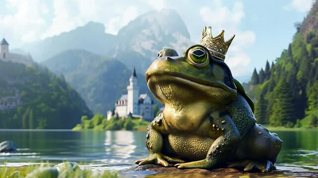 A frog prince wearing crown with blurred fairy tale castle, Mountains and a river on background	
