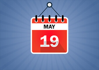 May 19, Calendar hanging sign. 19th days of the month, modern illustration. Date day of week Sunday, Monday, Tuesday, Wednesday, Thursday, Friday, Saturday. Flat style